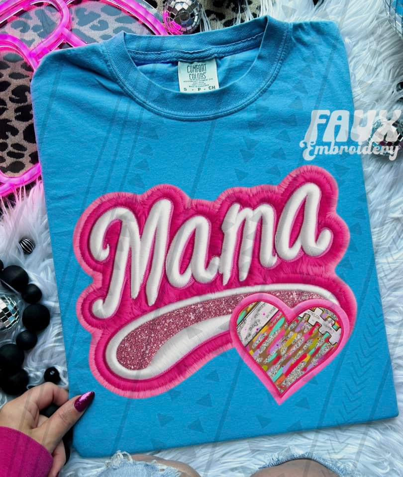 Mama Neon Faux Embroidered Heart Sports (Multiple Options) DTF Transfer