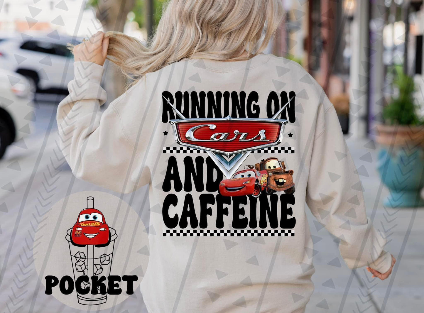 Cars and Caffeine/Coffee (pocket included) DTF Transfer