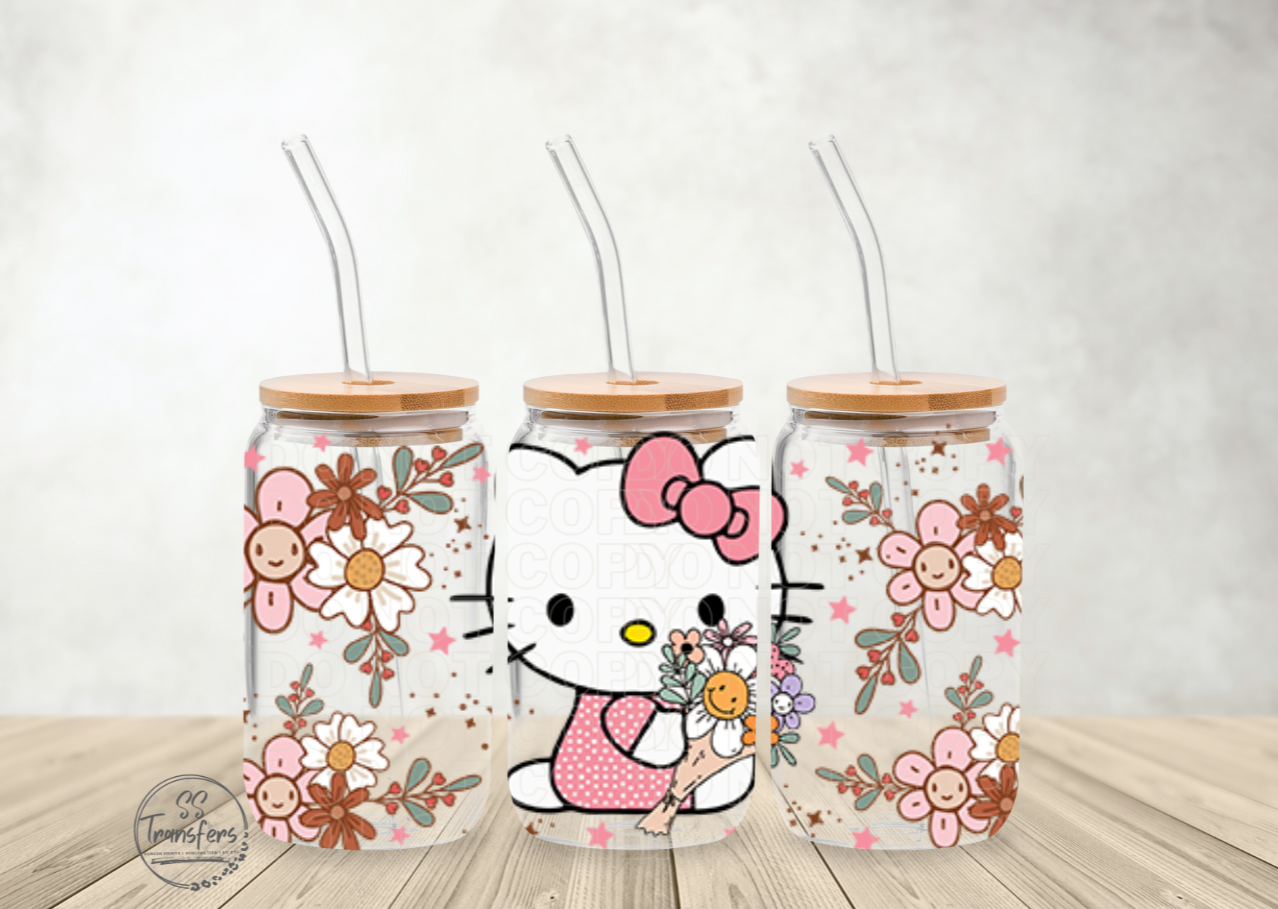 Pink Bow Kitty with Small Flowers Libbey UV Wrap