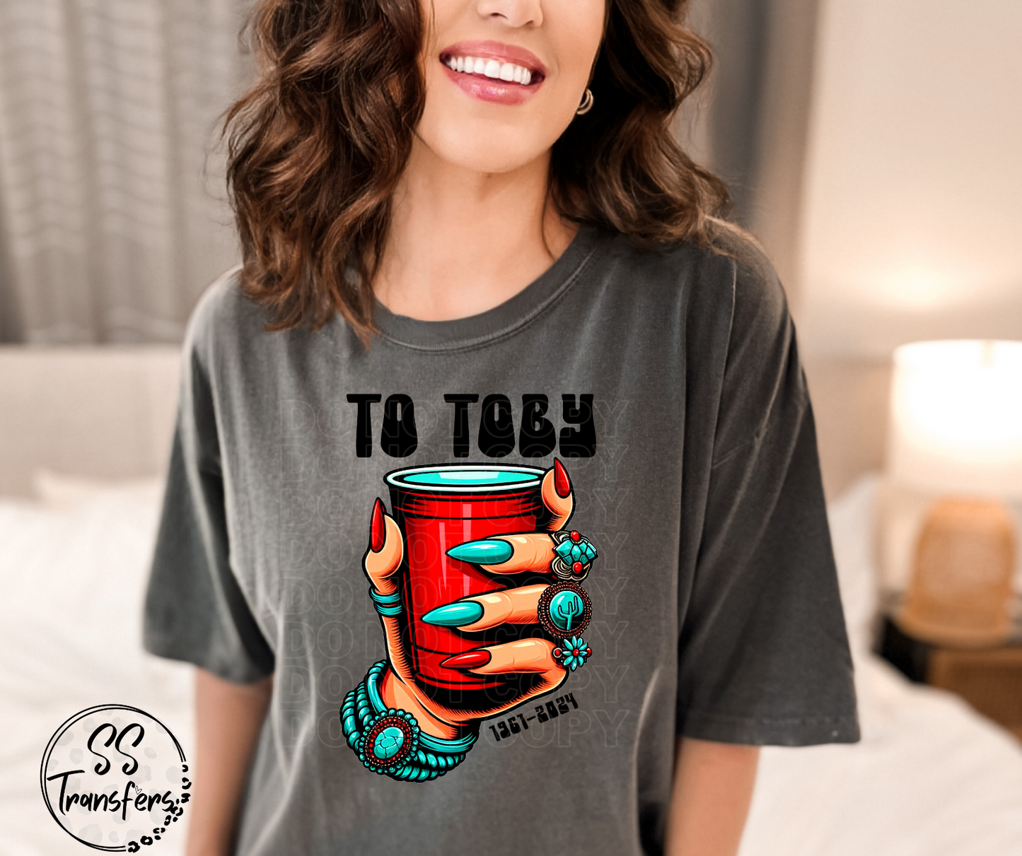 Turquoise & Red Cup To Toby DTF Transfer